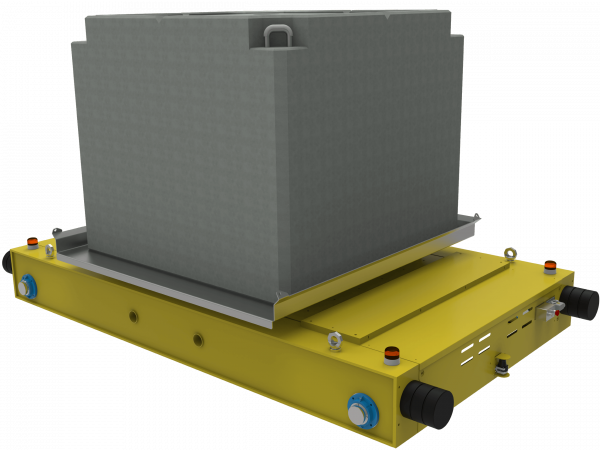 Rendering of a yellow transport trolley with nuclear payload made by Montair