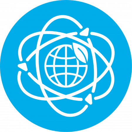 Icon of a globe, leaf and atom on a light blue background
