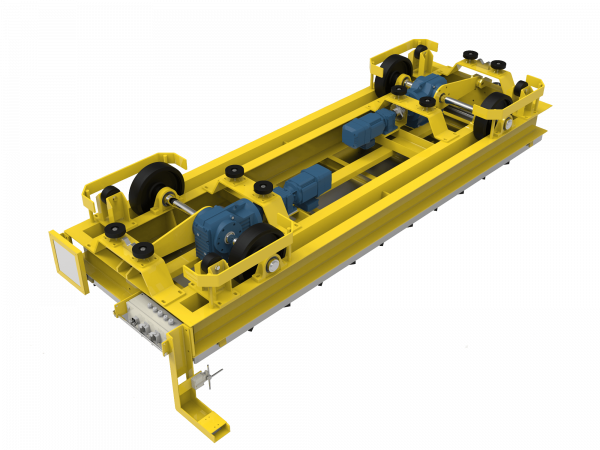 Rendering van een gele volautomatische trolley voor het vervoer van gevaarlijke stoffen gemaakt door Montair