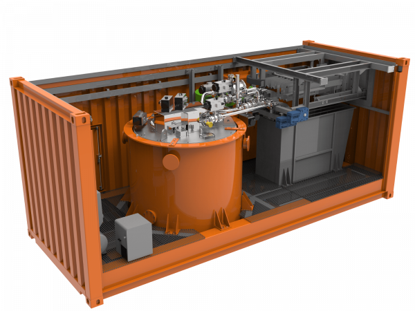 Darstellung eines orangefarbenen CINTIA-Containers für den sicheren Transport gefährlicher Abfälle