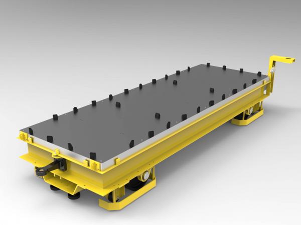 Rendering of a yellow nuclear waste transport trolley made by Montair