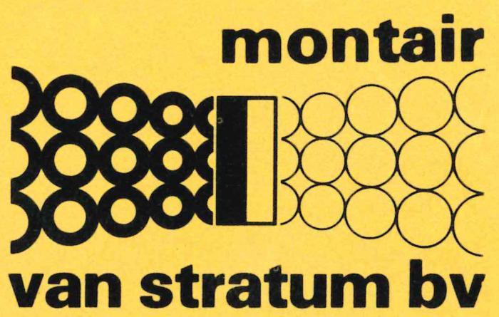 Het oude logo van Montair van Stratum bv met zwarte letters en bolletjes voor een gele achtergrond